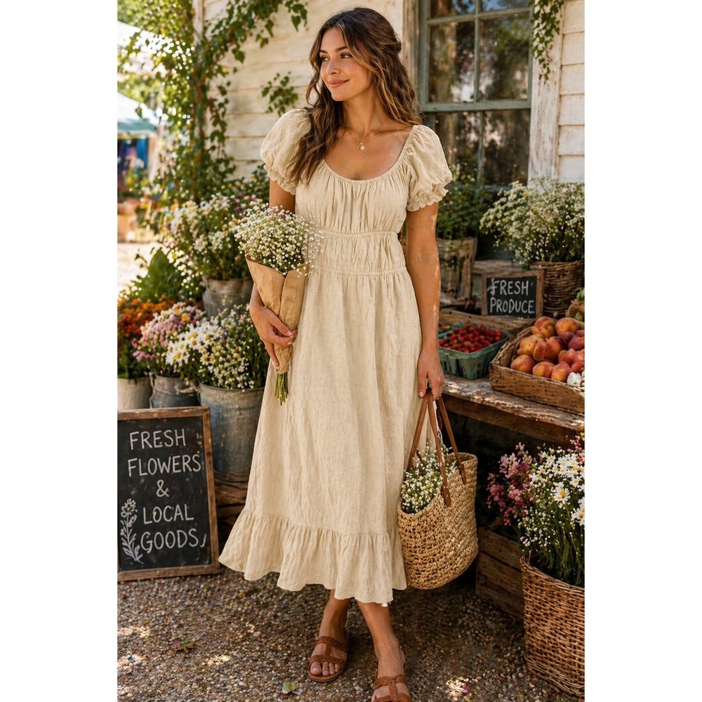 Sim & Sam Cream Boho Prairie Dress XL Smocked Linen Blend Cottagecore Milkmaid